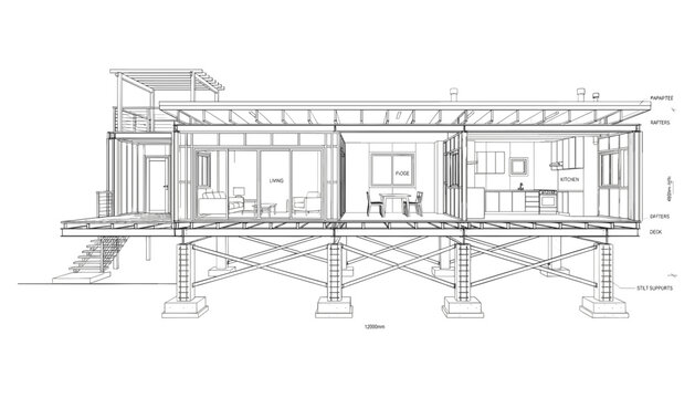 Architectural cross section blueprint sketch of a modern stilt house showing interior kitchen dining and living spaces