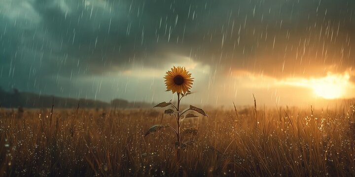 Lone Sunflower in Rainy Field Beneath Storm Clouds at Golden Sunset