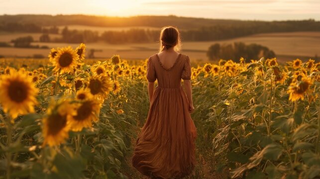 Woman Walking Through a Sunflower Field at Golden Sunset