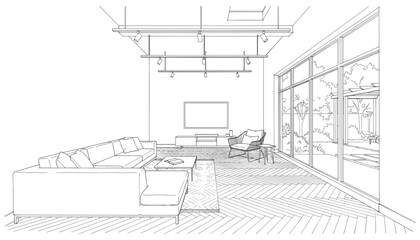 Fototapeta premium Modern living room interior design sketch featuring sectional sofa entertainment media console track lighting and large windows