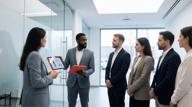 Business team meeting in modern office hallway with tablet presentation