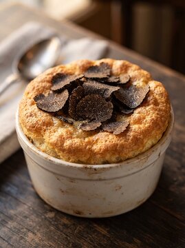 Macro close up of Black Truffle Souffle crust and truffle shavings.
