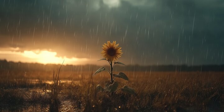 Solitary sunflower in rainy field at golden sunset under storm clouds