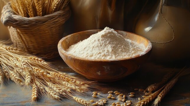 rustic wooden bowl piled with flour surrounded by wheat stalks, scattered grains and a wicker basket on a wooden table, warm cozy farmhouse baking scene