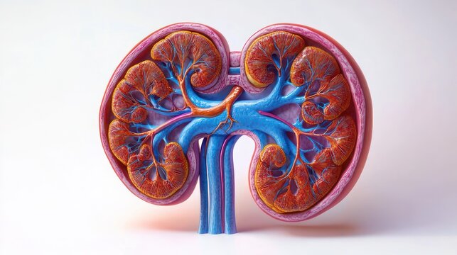 Cross-sectional pair of human kidneys showing cortex, medulla, calyces, renal pelvis, ureters and branching arteries and veins, vivid clinical and educational illustration