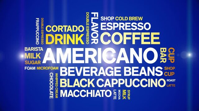 Americano coffee animated word cloud-animation tag kinetic typography seamless loop.