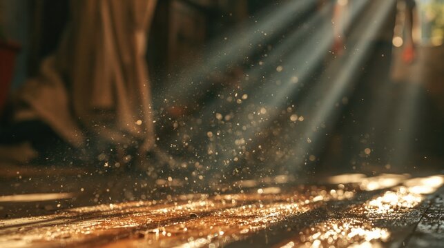 Light beams illuminate floating dust motes inside a dark room with wooden planks.