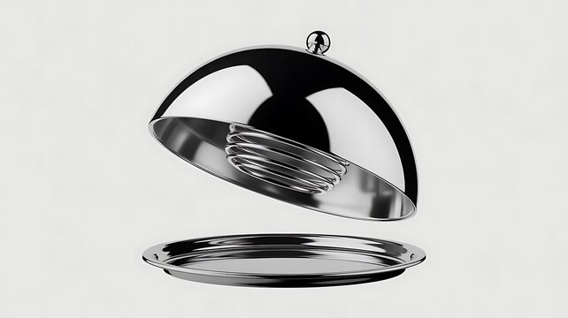 Shiny metal food cloche with tray open for serving