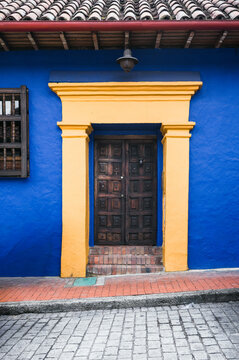 Blue colonial house and door, La Candelaria, Bogota, Colombia