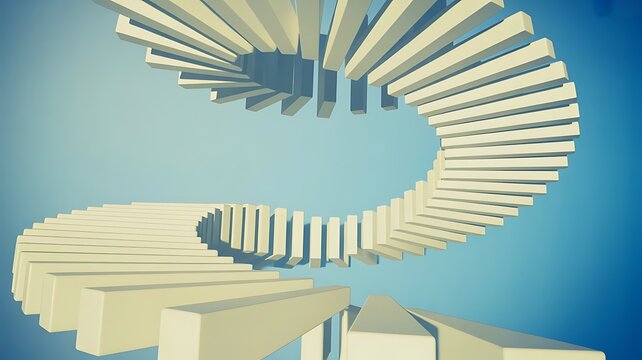 Abstract architectural featuring a spiral staircase structure with white steps against a solid blue background, for modern interior concepts