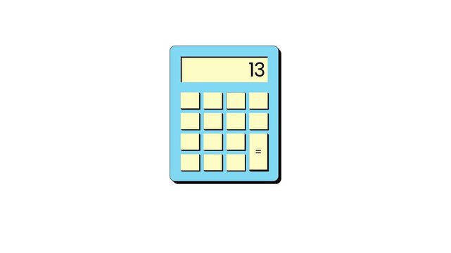 A stylish light blue calculator animation displays numbers on a yellow screen, perfect for educational, financial, or basic arithmetic graphing.