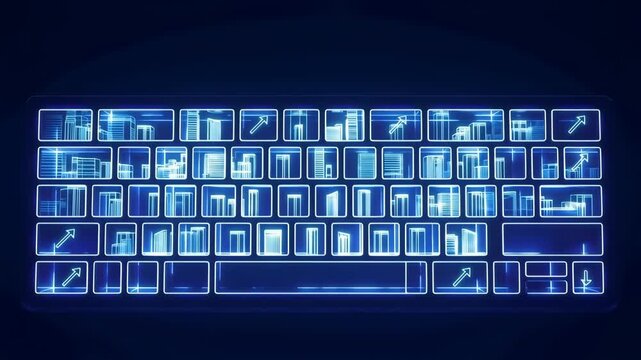 Futuristic glowing keyboard with digital interface elements