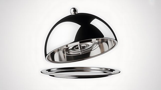 Shiny metal food serving cloche lid on a silver tray