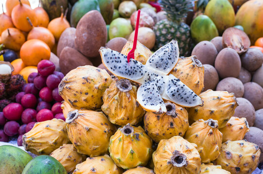 Exotic tropical fruits at a market stall, Cartagena, Colombia