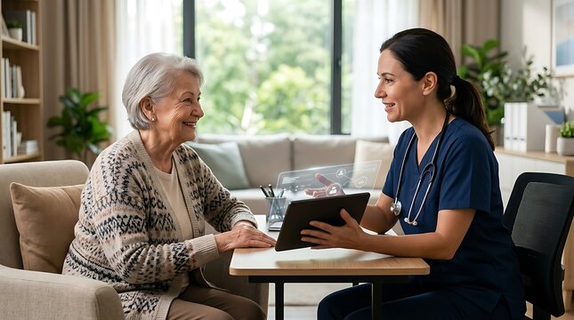 Friendly young nurse holding a tablet computer talking to a happy senior woman sitting on a comfortable sofa in a bright home living room during a health care visit