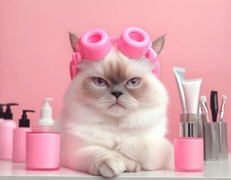 fluffy white blue-eyed cat wearing pink goggles among pink skincare and makeup bottles and brushes on a pastel vanity, looking unimpressed