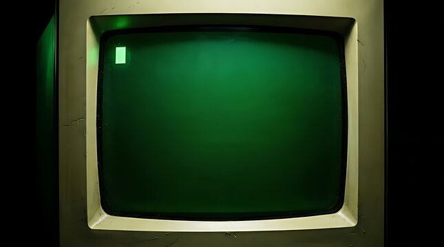 Glowing green screen on vintage CRT monitor in dark room