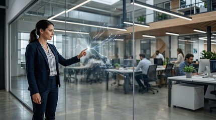 Fototapeta premium Professional young businesswoman in a suit writing on a glass wall during a team meeting in a modern open plan office with colleagues working in the background at night