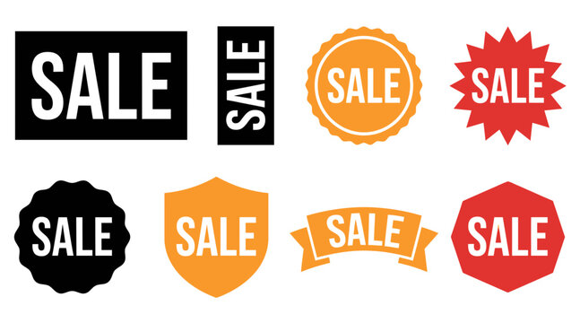 A collection of various sale labels and promotional badges designed for marketing campaigns during the busy black friday shopping holiday event season