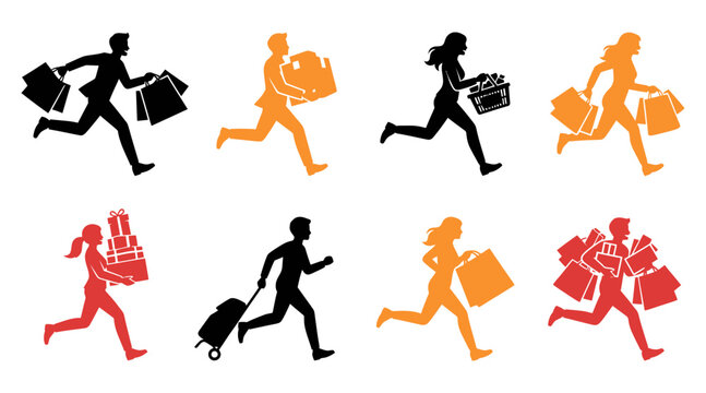A collection of colorful silhouettes depicting excited shoppers running with bags to capture the best deals during the annual black friday event