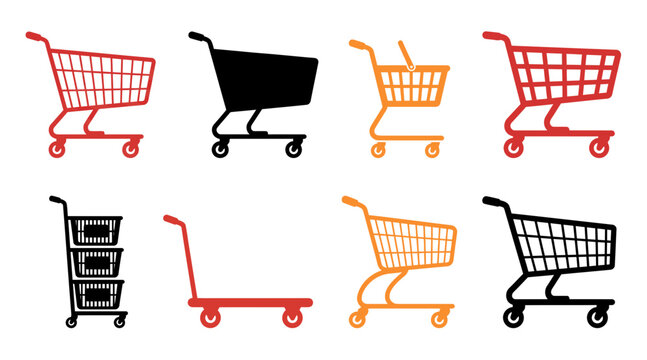 A collection of various shopping cart icons and illustrations designed for retail marketing campaigns during the busy black friday shopping holiday season
