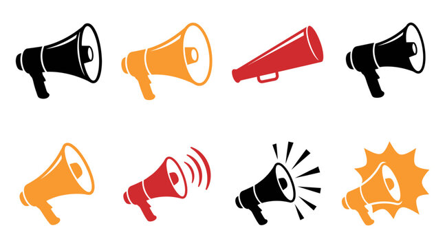 A collection of colorful megaphone icons designed for marketing campaigns and promotional events like the massive annual retail event black friday sales