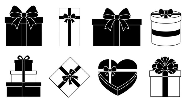A collection of various gift box icons in black and white style perfect for marketing materials during the annual black friday sales