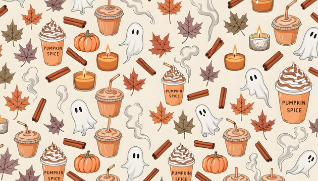 Seamless Autumn Pumpkin Spice Latte and Cute Ghost Pattern Background