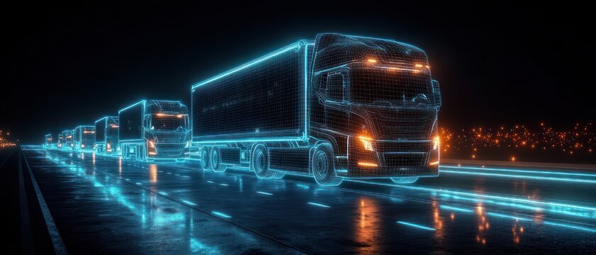 futuristic glowing convoy of wireframe semi trucks on a wet highway at night with neon blue and orange lights reflecting on the road conveying speed and high-tech efficiency
