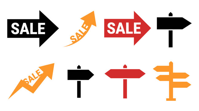 A collection of various directional arrow signs and sale banners designed for marketing campaigns during the busy black friday shopping holiday season