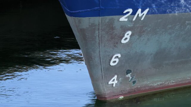 Ship bow waterline with draft marks floating