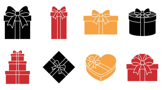 A collection of various colorful gift box icons designed for black friday marketing campaigns featuring different shapes and festive holiday ribbon styles
