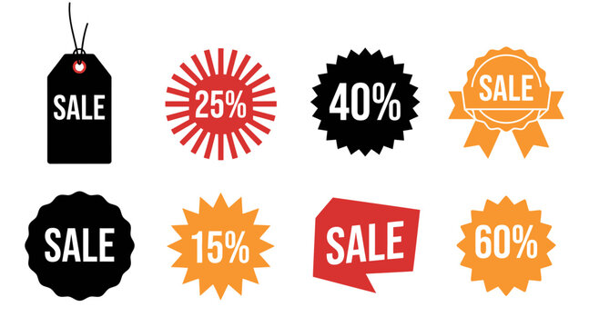 A collection of colorful retail discount tags and promotional stickers designed specifically for marketing campaigns during the annual black friday shopping event