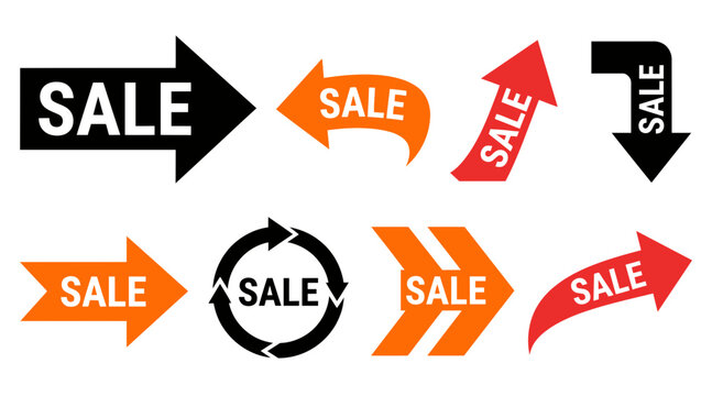 A collection of various arrow shaped sale signs in black orange and red colors perfect for promoting your upcoming black friday event