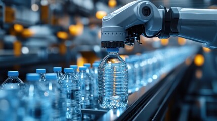 Obraz premium Robotic arm placing clear plastic water bottle on conveyor belt in automated bottling plant, conveying precision and efficiency
