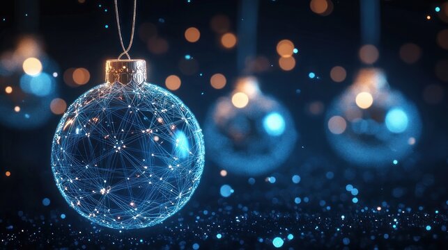 Glowing blue glass ornament with woven network of light points suspended against a dark bokeh background, sparkling and magical festive atmosphere