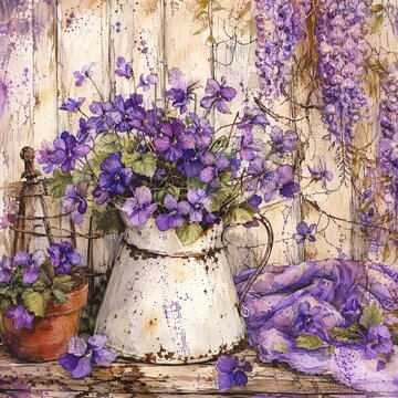 Purple Violets in Vintage Pitcher with Wisteria