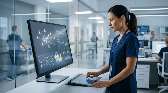 Female doctor looking at digital medical data on a computer screen in a modern hospital office with a blurred background showing busy healthcare staff working hard