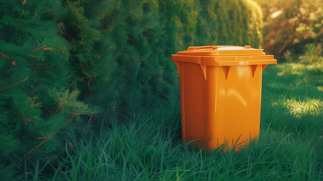 Bright orange plastic waste bin standing on a lush green lawn next to a dense hedge in a sunny garden setting, representing waste management