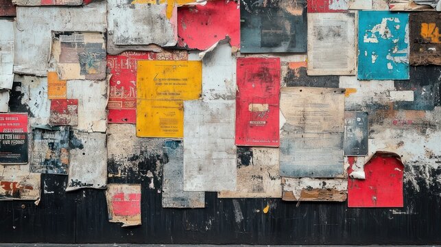 weathered urban wall plastered with torn, layered posters and flyers in red, yellow, blue and white, peeling paint and ripped paper revealing aged textures, nostalgic gritty mood