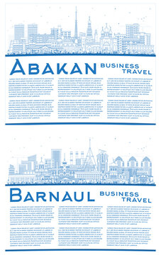 Outline Barnaul and Abakan Russia city skyline set with blue buildings and copy space. Cityscape with landmarks.