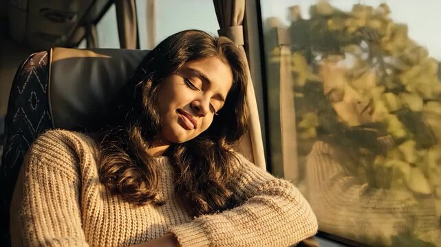 Young woman resting peacefully with eyes closed in golden light inside moving bus, reflecting contemplative stillness of travel, for travel blogs, mindful content, and journey videos.