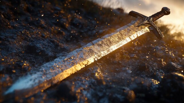 battle-worn medieval sword lying on charred rocky ground with glowing embers and golden sunset light, evoking solitude and epic aftermath