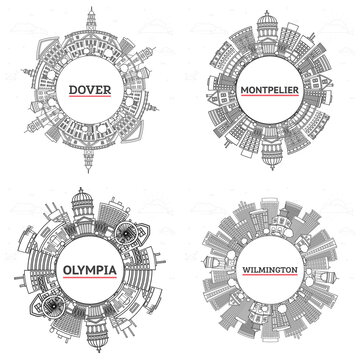 Outline Olympia Washington, Montpelier Vermont, Wilmington and Dover Delaware City Skyline set with Historic Buildings and copy space Isolated on White.