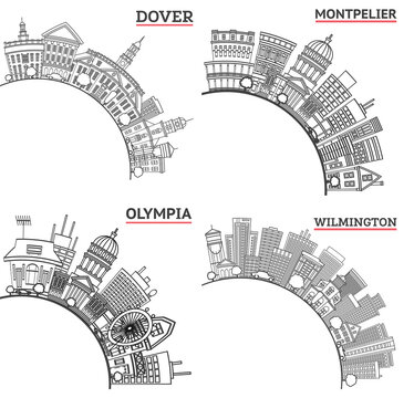 Outline Olympia Washington, Montpelier Vermont, Wilmington and Dover Delaware City Skyline set with Historic Buildings and copy space Isolated on White.