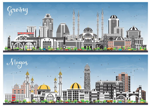 Magas and Grozny Russia city skyline set with color buildings and blue sky. Cityscape with landmarks.