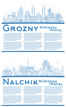 Outline Nalchik and Grozny Russia city skyline set with blue buildings and copy space. Cityscape with landmarks.