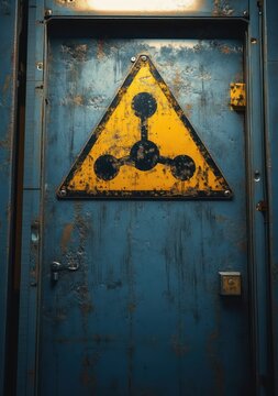 Rusty blue metal door with worn yellow triangular hazard sign showing three connected black nodes, heavy lock, peeling paint and corroded texture, ominous abandoned industrial mood