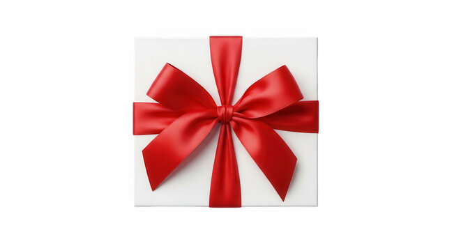 White gift box with a shiny red silk bow ribbon for holiday celebration isolated on transparent background