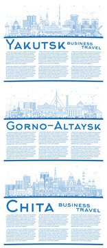 Outline Gorno-Altaysk, Chita and Yakutsk Russia city skyline set with blue buildings and copy space. Cityscape with landmarks.